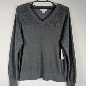 Liz Claiborne V Neck Long Sleeve XXL grey Knit Pullover NWT $49
